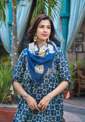 Varanga Blue Mirror Work Yoke Embroidered A-Line Kurta With Afghan Bottom And With Dupatta